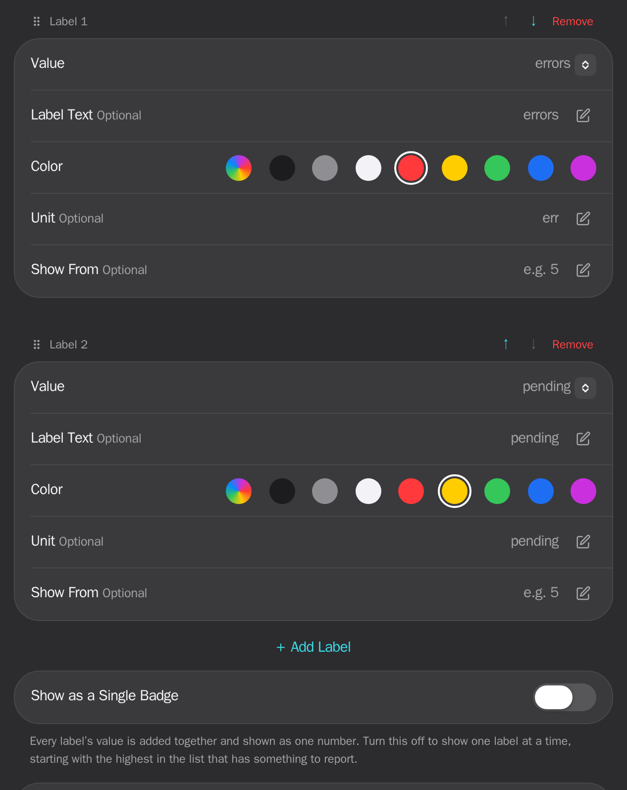 Two label cards in an app's edit form, each with Value, Label Text, Color, Unit and Show From, above the Add Label button